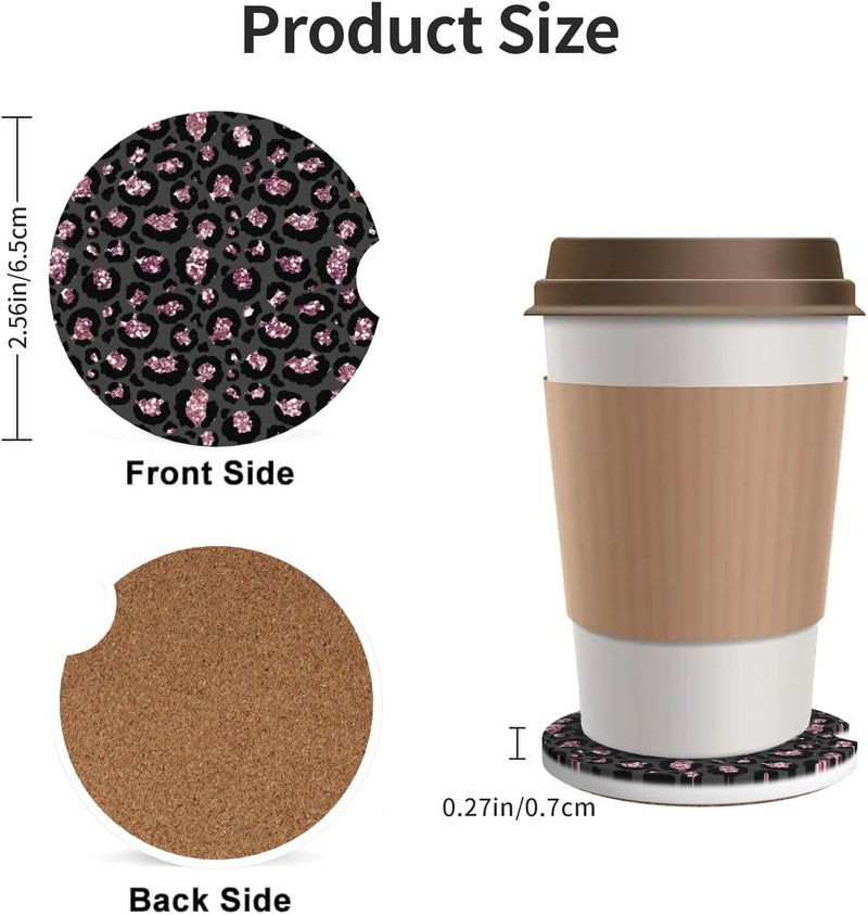 CTVSLFU Absorbent Car Coasters for Cup Holders, 2 Pack Universal Anti Slip Ceramic Cup Coaster for Women Men 2.56 Inch Car Interior Accessories - Black Pink Leopard 005 - Image 3